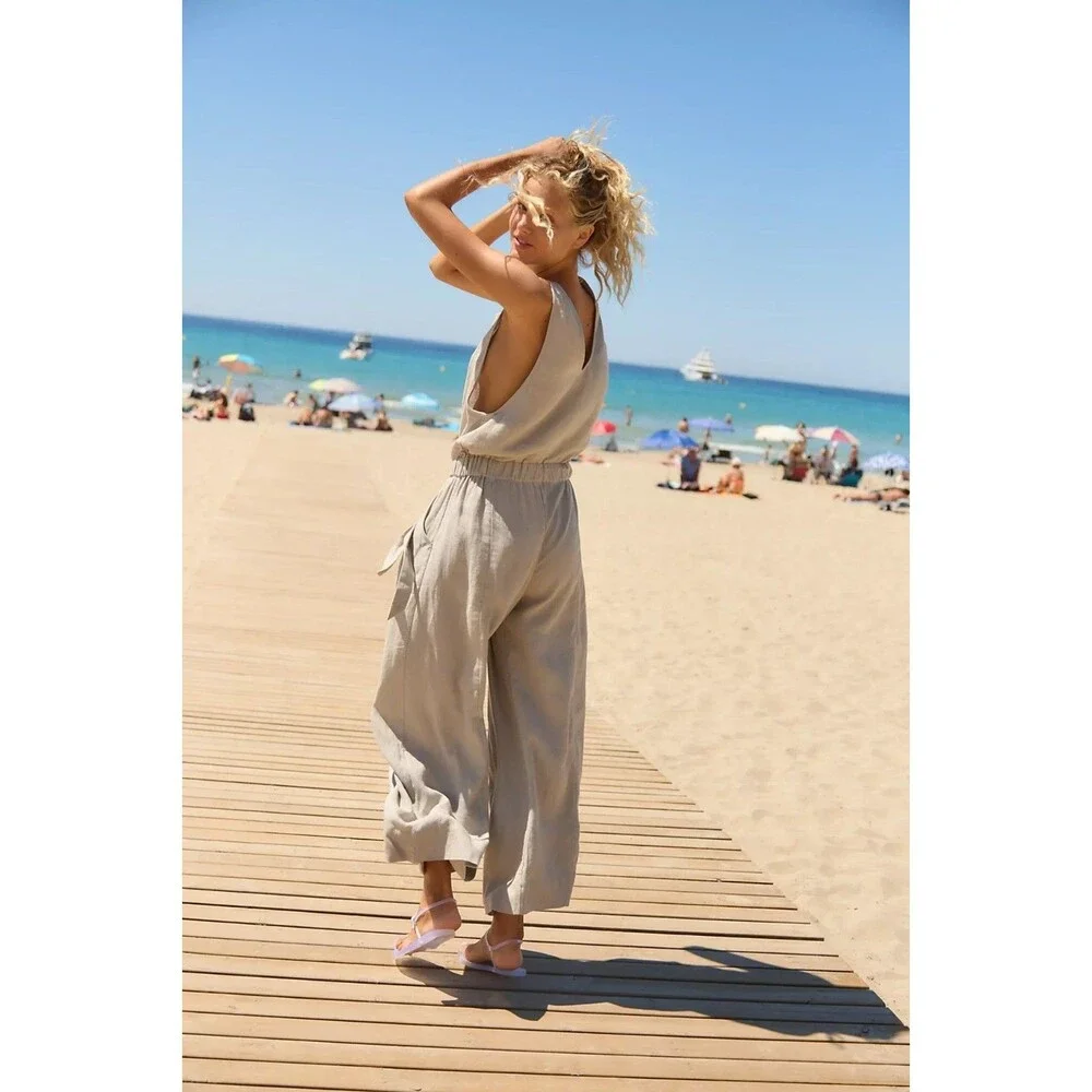 Free People Free-Est Sandshell Linen Linden One-Piece Jumpsuit Dress XS 289733